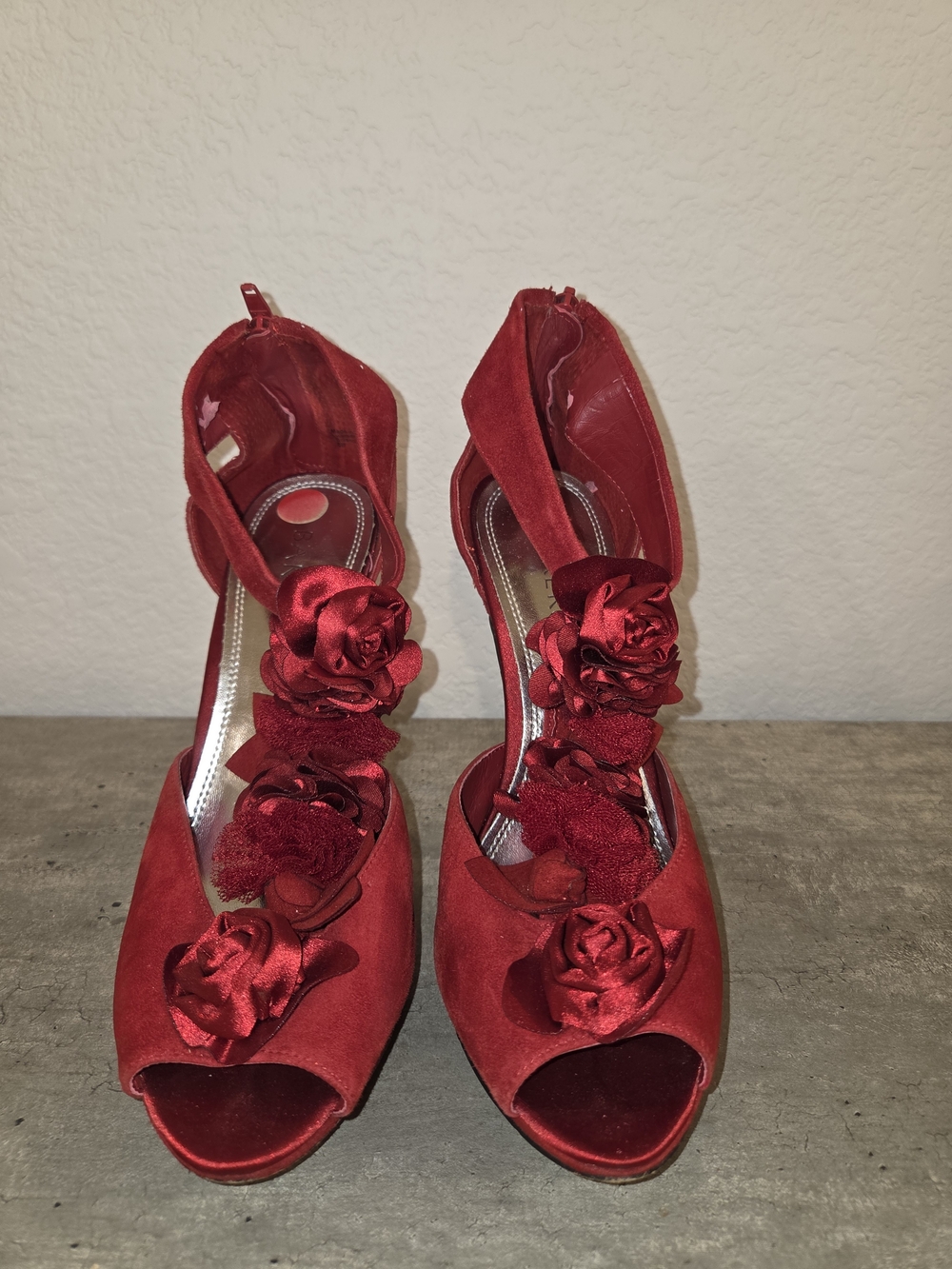 Bakers Red Floral Satin-Peep Toe Heels